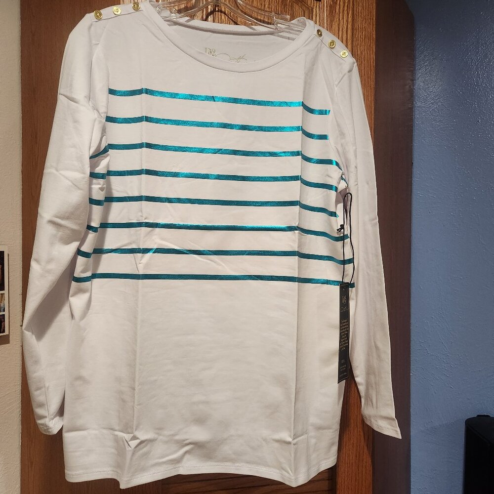 DG2 Diane By Gilman Women’s White Top with Teal Stripes Long Sleeve Blouse Large